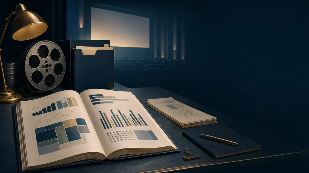 Editorial illustration of a chart book, film reel and cinema research setting for the BFI Statistical Yearbook