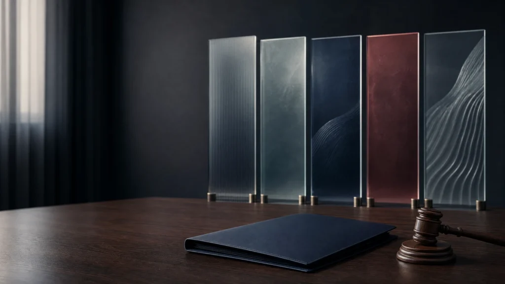 Five abstract glass panels, a blank governance folder and a gavel representing the Code for Sports Governance public overview