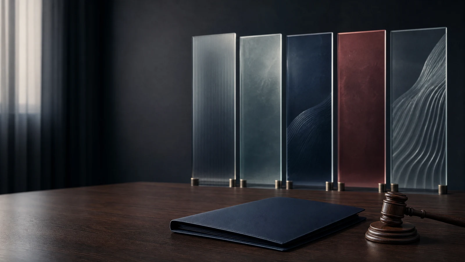 Five abstract glass panels, a blank governance folder and a gavel representing the Code for Sports Governance public overview