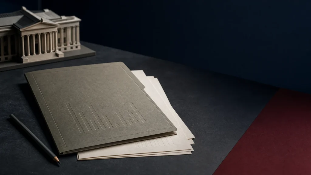 Abstract DCMS cultural-sector statistics report folder with paper sheets and museum architecture model