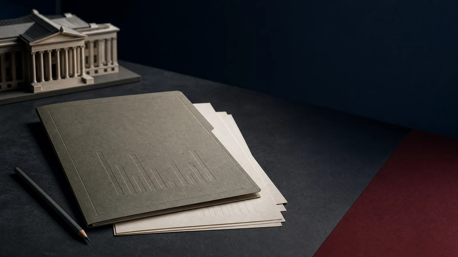 Abstract DCMS cultural-sector statistics report folder with paper sheets and museum architecture model