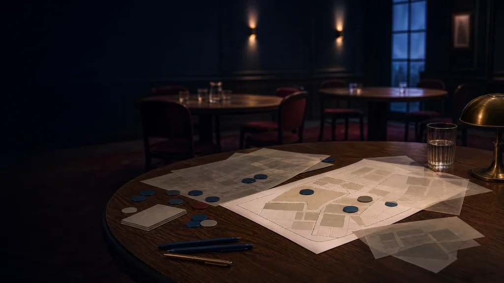 Illustrated civic meeting table representing local-plan public engagement in England