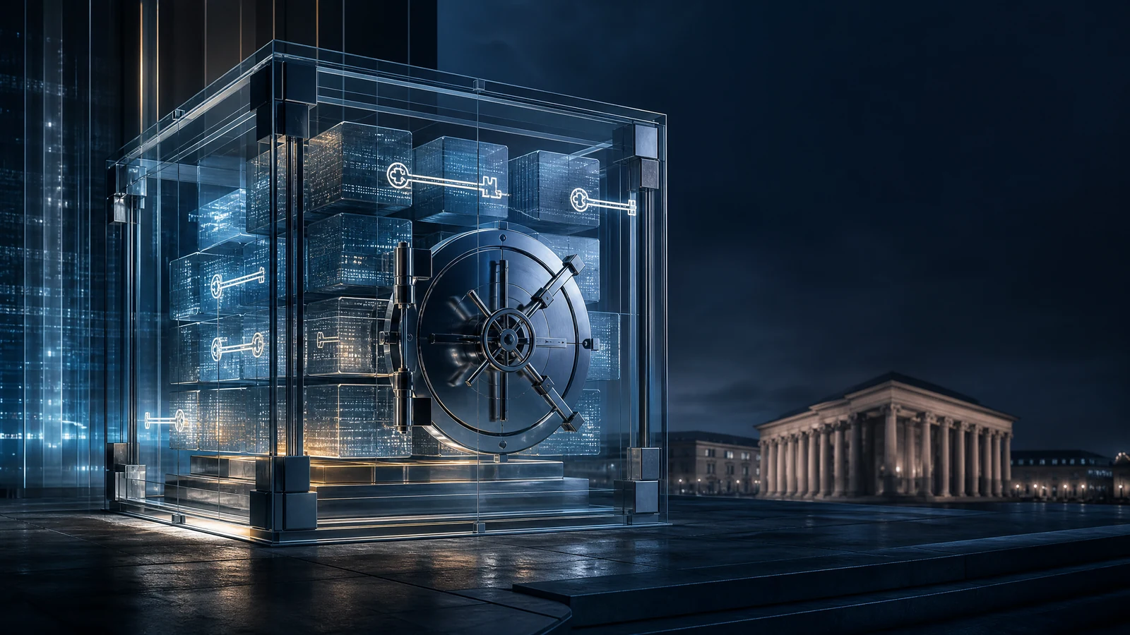 FCA cryptoasset custody: conceptual digital safeguarding framework with a vault and institutional building