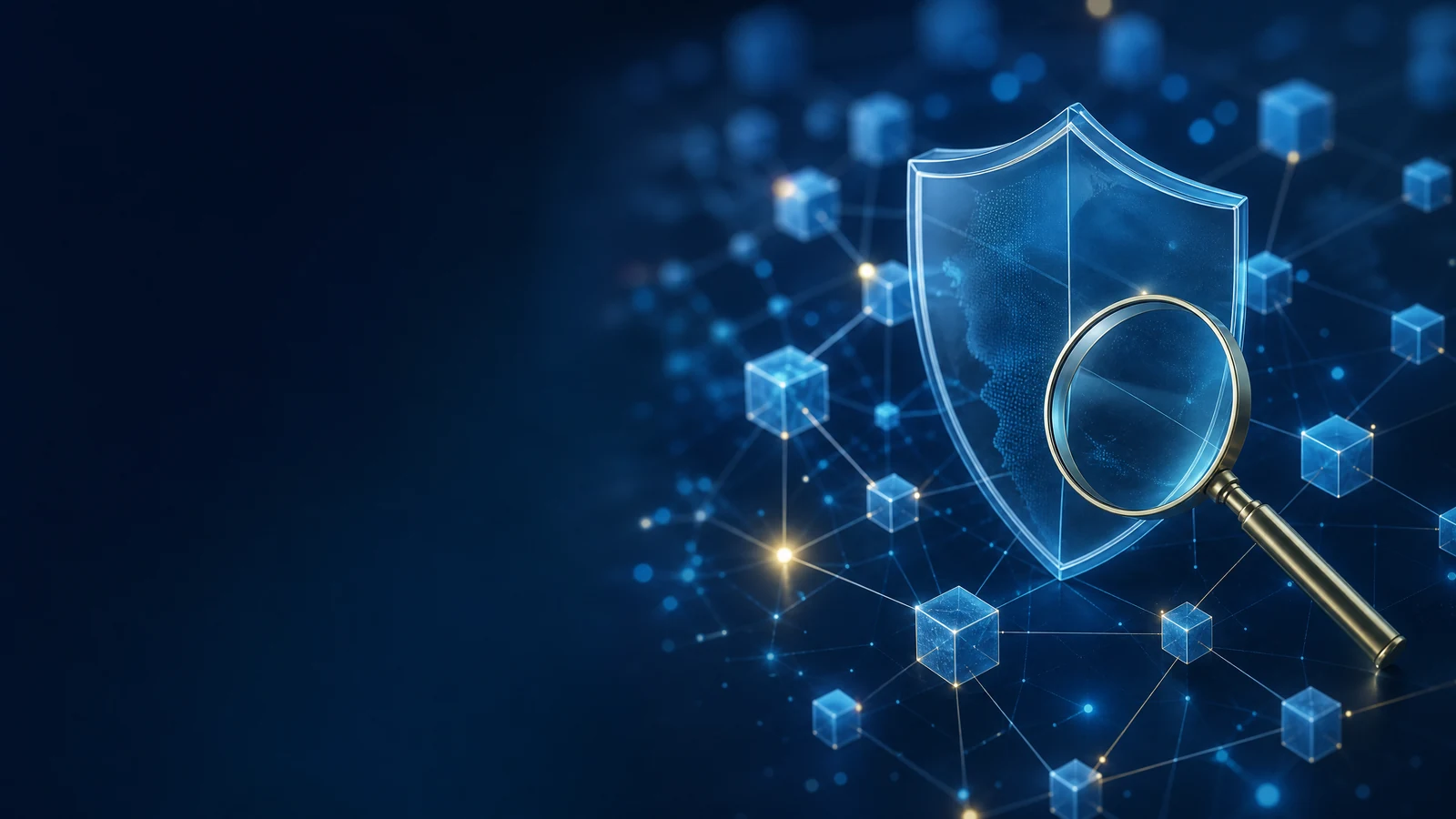 Abstract blockchain network, protective shield and magnifying glass for FCA cryptoasset market abuse regime public-information article
