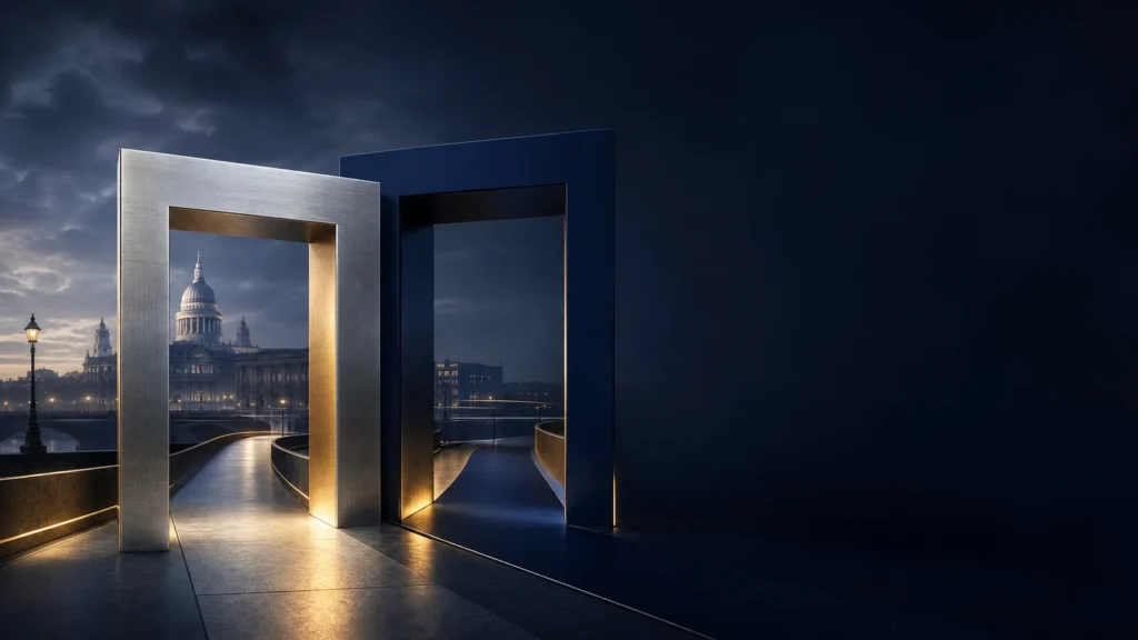 FCA crypto registration and authorisation: illuminated London architectural gateways at dusk