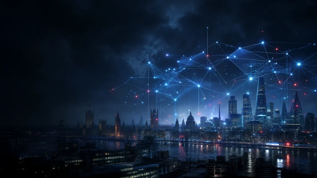 Abstract DeFi network above a night-time London skyline, illustrating the UK regulatory perimeter