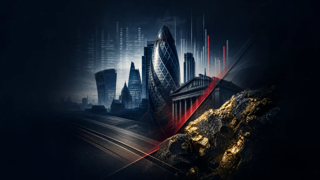FTSE 100 earnings editorial image with London financial district and mining industry motifs