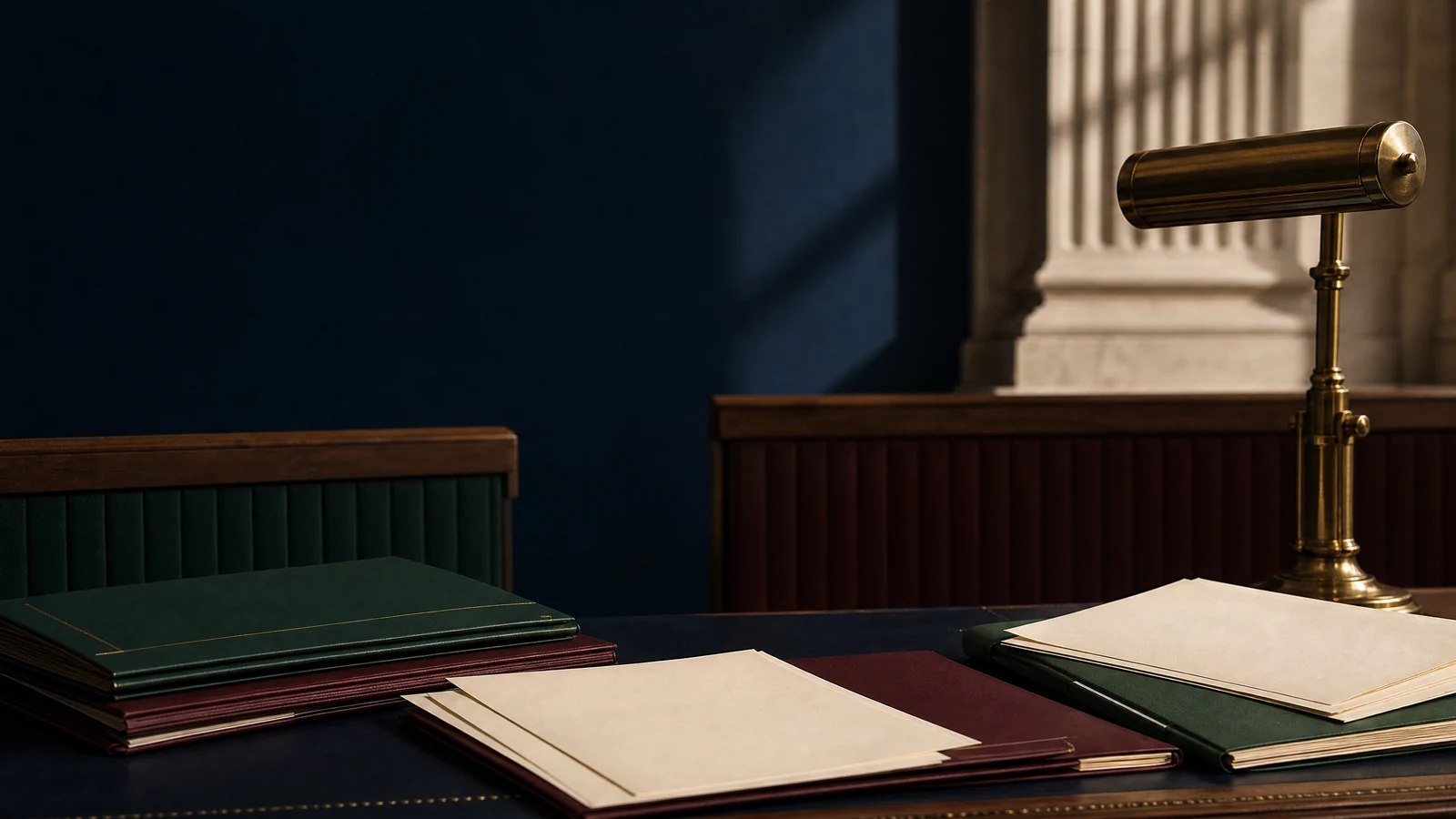 Abstract parliamentary documents, folders and a desk lamp for a public-information article on the stages of a UK Bill