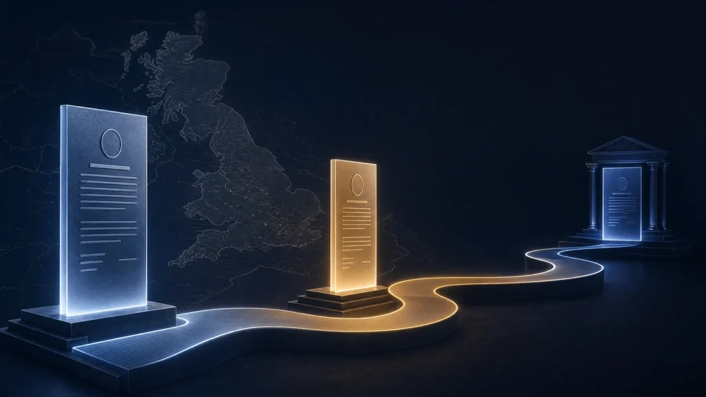 UK cryptoasset regulatory transition: illuminated timeline path through a London skyline