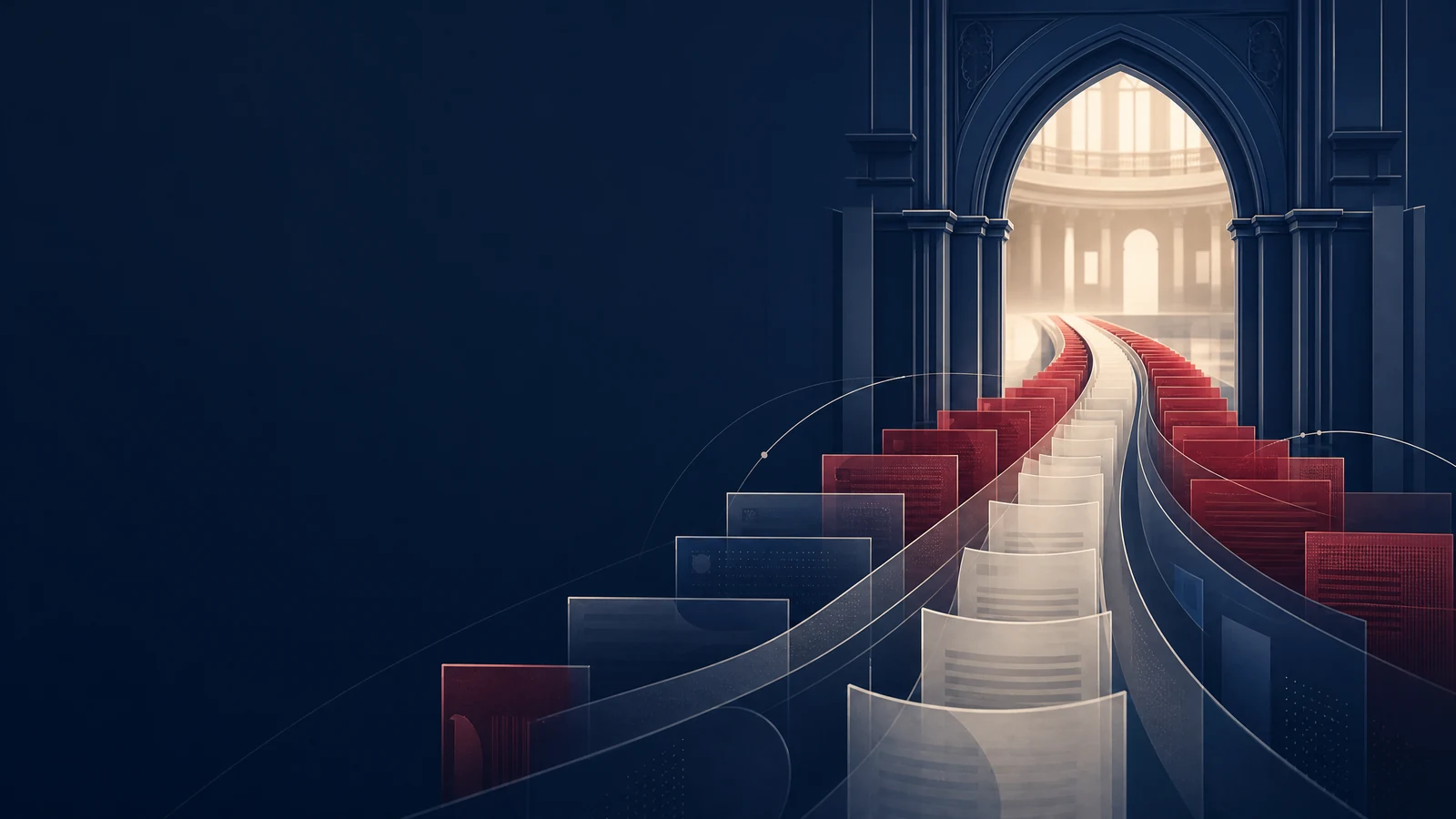 Abstract civic consultation pathways leading through a public-institution archway