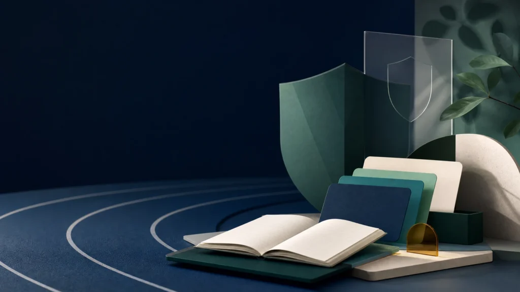 Abstract learning materials, shield motif and running-track curve for UK Anti-Doping education public-information article